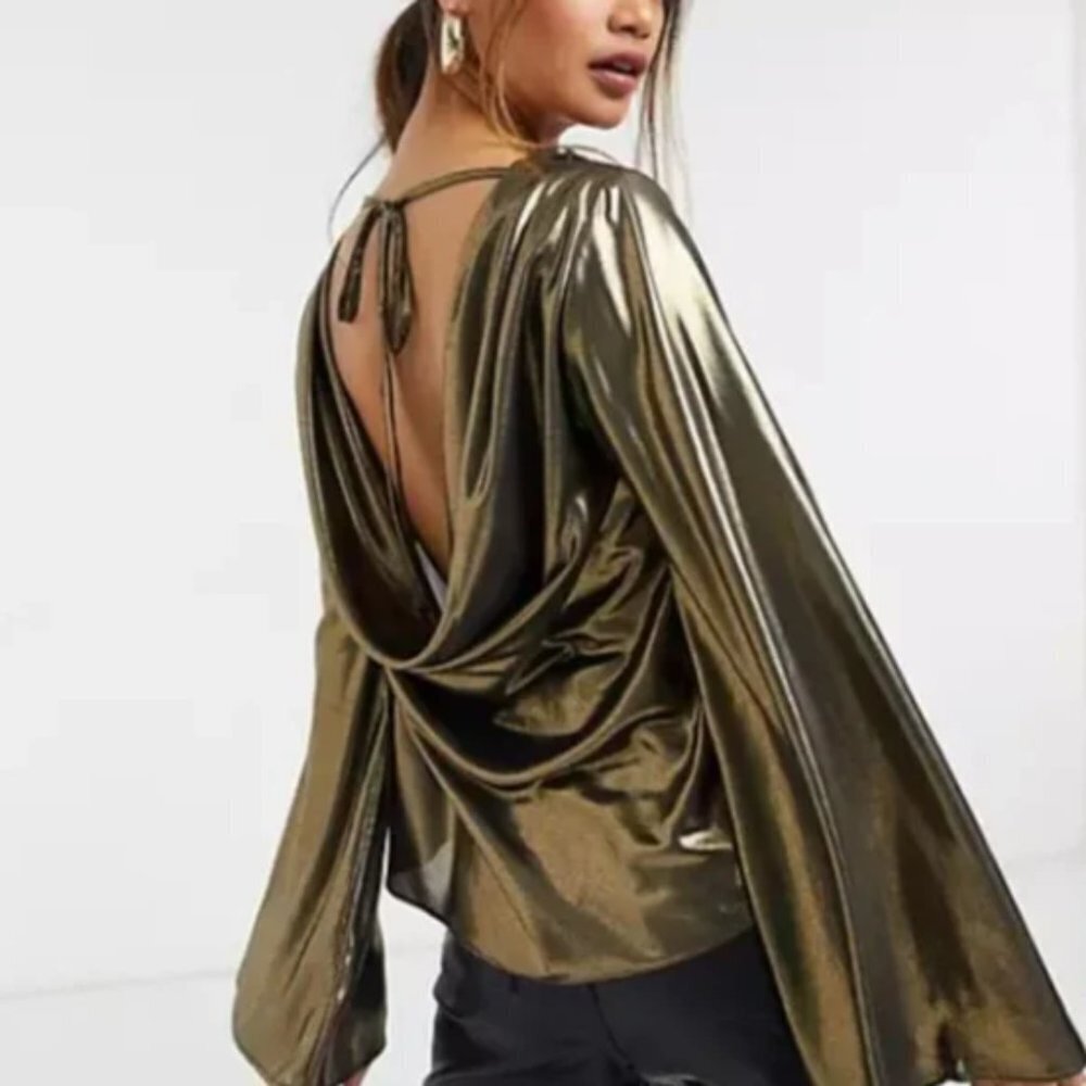 Metallic Olive Green Draped Back Women’s Top